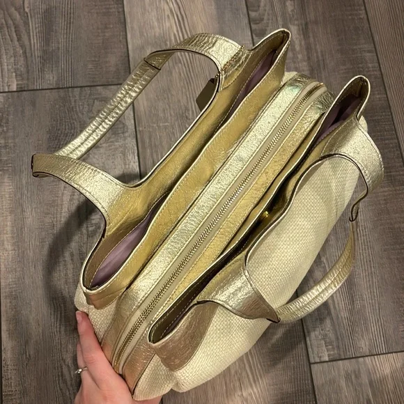 Coach Ivory Straw Embossed Embroidery Butterfly Gold Leather Trim Shoulder Bag - Picture 11 of 17